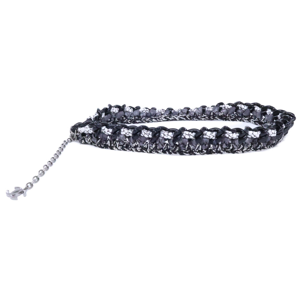 CHANEL Chanel Excellent Condition Coco Mark Tweed Mixed Chain Belt Black Silv...